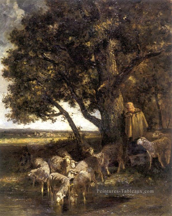 Une bergère avec son troupeau près d’une piscine animalier Charles Émile Jacque Peintures à l'huile